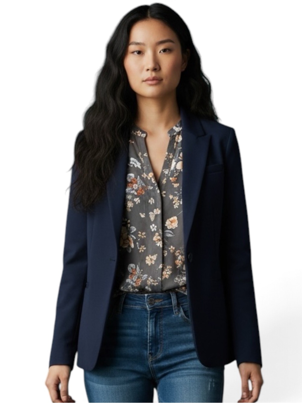 paper doll Charcoal Floral V-Neck Roll-Tab Blouse